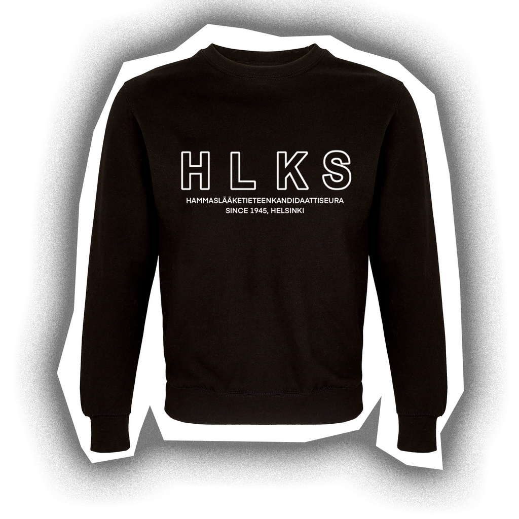 Black crew neck sweatshirt with white text 'HLKS' and 'Helsinki' printed on the front.